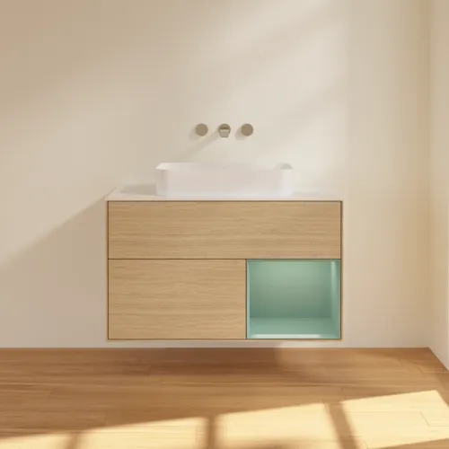 VILLEROY BOCH Toaletní skříňka Finion, s osvětlením, 2 výsuvy, 1000 x 603 x 501 mm, dubová dýha / olivový matný lak / sklo bílé matné #F661GMPC, obrázek 3