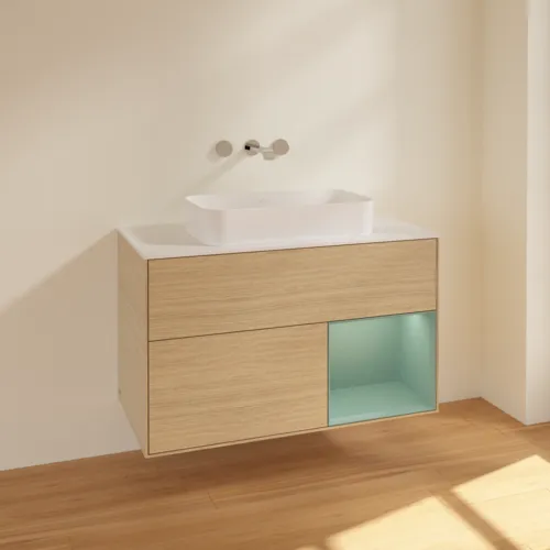 VILLEROY BOCH Toaletní skříňka Finion, s osvětlením, 2 výsuvy, 1000 x 603 x 501 mm, dubová dýha / olivový matný lak / sklo bílé matné #F661GMPC, obrázek 2