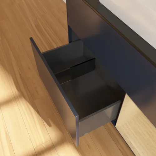 VILLEROY BOCH Toaletní skříňka Finion, s osvětlením, 2 výsuvy, 1000 x 603 x 501 mm, Midnight Blue Matt Lacquer / Oak Veneer / Glass Black Matt #F662PCHG, obrázek 4