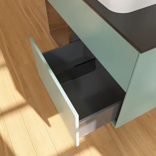 VILLEROY BOCH Toaletní skříňka Finion, s osvětlením, 2 výsuvy, 1000 x 603 x 501 mm, olivový matný lak / ořechová dýha / černé matné sklo #F652GNGM, obrázek 7