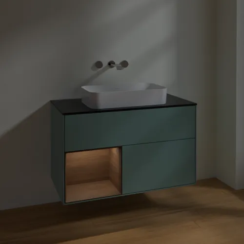 VILLEROY BOCH Toaletní skříňka Finion, s osvětlením, 2 výsuvy, 1000 x 603 x 501 mm, olivový matný lak / ořechová dýha / černé matné sklo #F652GNGM, obrázek 5