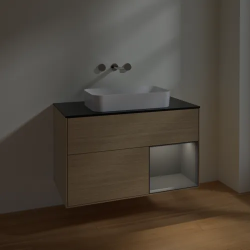 VILLEROY BOCH Toaletní skříňka Finion, s osvětlením, 2 výsuvy, 1000 x 603 x 501 mm, dubová dýha / antracitový matný lak / černé matné sklo #F662GKPC, obrázek 5