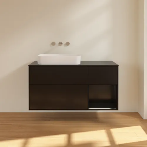 VILLEROY BOCH Toaletní skříňka Finion, s osvětlením, 3 výsuvy, 1200 x 603 x 501 mm, černý matný lak / černý matný lak / černé matné sklo #F692PDPD, obrázek 2