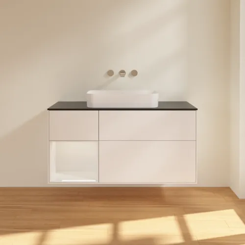 VILLEROY BOCH Toaletní skříňka Finion, s osvětlením, 3 výsuvy, 1200 x 603 x 501 mm, bílý matný lak / bílý lesklý lak / černé matné sklo #F702GFMT, obrázek 2