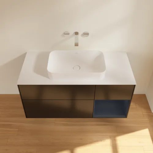 VILLEROY BOCH Toaletní skříňka Finion, s osvětlením, 3 výsuvy, 1200 x 603 x 501 mm, černý matný lak / půlnoční modrý matný lak / bílé matné sklo #F711HGPD, obrázek 3
