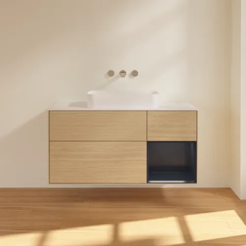 VILLEROY BOCH Toaletní skříňka Finion, s osvětlením, 3 výsuvy, 1200 x 603 x 501 mm, dubová dýha / půlnočně modrý matný lak / bílé matné sklo #F711HGPC, obrázek 3