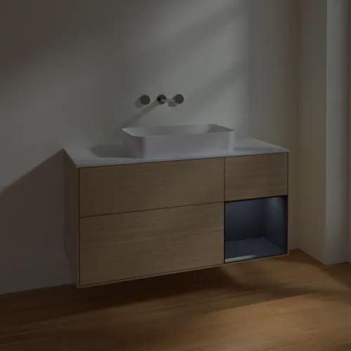 VILLEROY BOCH Toaletní skříňka Finion, s osvětlením, 3 výsuvy, 1200 x 603 x 501 mm, dubová dýha / půlnočně modrý matný lak / bílé matné sklo #F711HGPC, obrázek 4