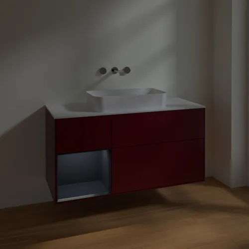 VILLEROY BOCH Toaletní skříňka Finion, s osvětlením, 3 výsuvy, 1200 x 603 x 501 mm, Pivoňka matný lak / Půlnoční modrá matný lak / Sklo bílé matné #F701HGHB, obrázek 3