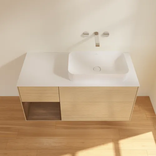 VILLEROY BOCH Toaletní skříňka Finion, s osvětlením, 3 výsuvy, 1200 x 603 x 501 mm, dubová dýha / ořechová dýha / sklo bílé matné #F681GNPC, obrázek 3