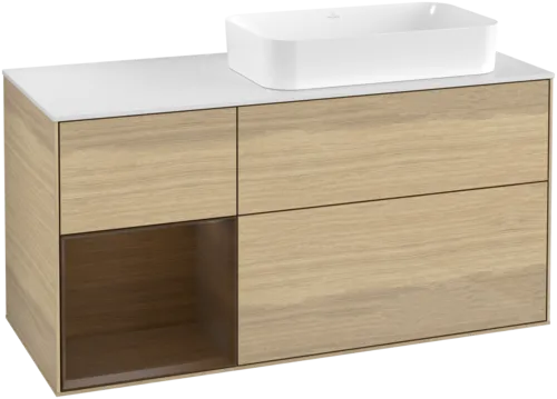 VILLEROY BOCH Toaletní skříňka Finion, s osvětlením, 3 výsuvy, 1200 x 603 x 501 mm, dubová dýha / ořechová dýha / sklo bílé matné #F681GNPC