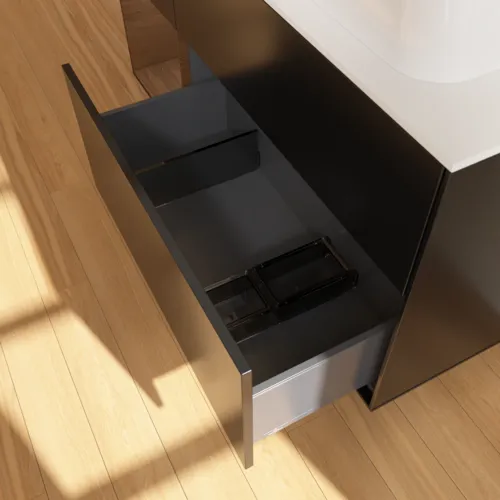 VILLEROY BOCH Toaletní skříňka Finion, s osvětlením, 3 výsuvy, 1200 x 603 x 501 mm, černý matný lak / ořechová dýha / bílé matné sklo #F681GNPD, obrázek 7