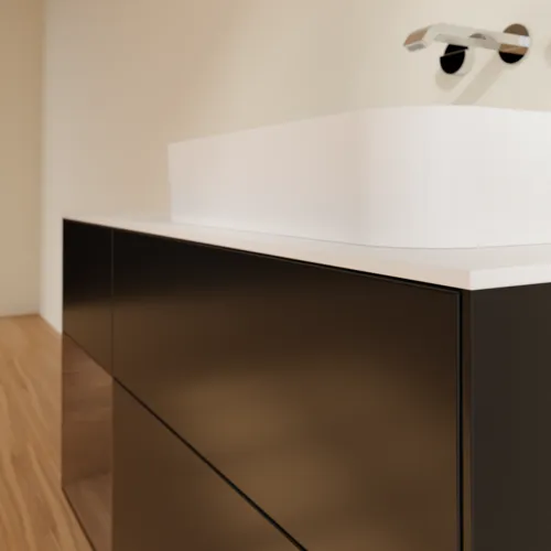 VILLEROY BOCH Toaletní skříňka Finion, s osvětlením, 3 výsuvy, 1200 x 603 x 501 mm, černý matný lak / ořechová dýha / bílé matné sklo #F681GNPD, obrázek 6