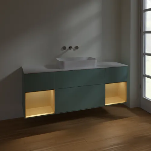 VILLEROY BOCH Toaletní skříňka Finion, s osvětlením, 4 výsuvy, 1600 x 603 x 501 mm, olivový matný lak / zlatý matný lak / bílé matné sklo #F741HFGM, obrázek 5