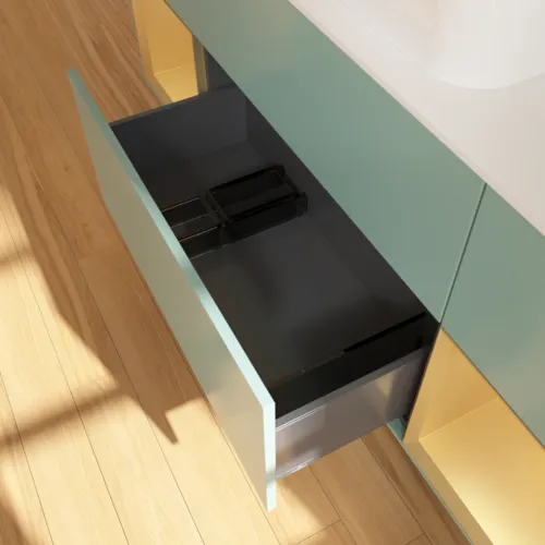 VILLEROY BOCH Toaletní skříňka Finion, s osvětlením, 4 výsuvy, 1600 x 603 x 501 mm, olivový matný lak / zlatý matný lak / bílé matné sklo #F741HFGM, obrázek 7
