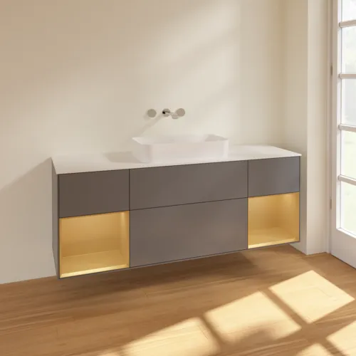 VILLEROY BOCH Toaletní skříňka Finion, s osvětlením, 4 výsuvy, 1600 x 603 x 501 mm, antracitový matný lak / zlatý matný lak / bílé matné sklo #F741HFGK, obrázek 2
