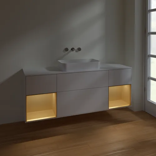 VILLEROY BOCH Toaletní skříňka Finion, s osvětlením, 4 výsuvy, 1600 x 603 x 501 mm, lesklý bílý lak / zlatý matný lak / bílé matné sklo #F741HFGF, obrázek 5