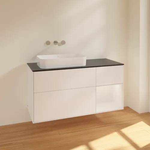 VILLEROY BOCH Toaletní skříňka Finion, s osvětlením, 3 výsuvy, 1200 x 603 x 501 mm, bílý matný lak / bílý lesklý lak / černé matné sklo #F692GFMT, obrázek 2