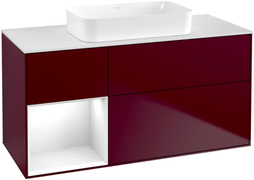 VILLEROY BOCH Toaletní skříňka Finion, s osvětlením, 3 výsuvy, 1200 x 603 x 501 mm, matný lak Peony / lesklý bílý lak / matné bílé sklo #F701GFHB