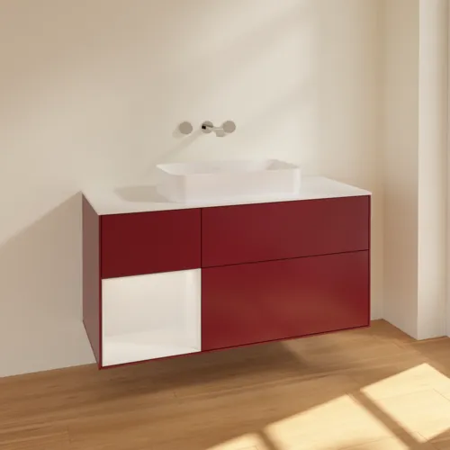 VILLEROY BOCH Toaletní skříňka Finion, s osvětlením, 3 výsuvy, 1200 x 603 x 501 mm, matný lak Peony / lesklý bílý lak / matné bílé sklo #F701GFHB, obrázek 2