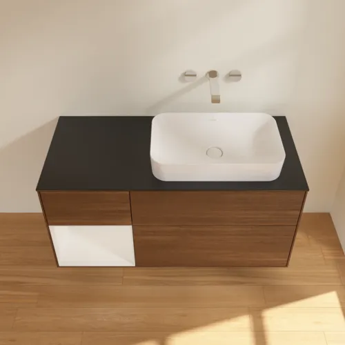 VILLEROY BOCH Toaletní skříňka Finion, s osvětlením, 3 výsuvy, 1200 x 603 x 501 mm, ořechová dýha / lesklý bílý lak / sklo černé matné #F682GFGN, obrázek 4