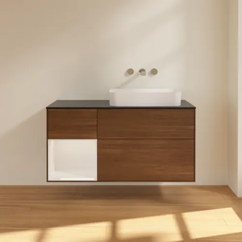 VILLEROY BOCH Toaletní skříňka Finion, s osvětlením, 3 výsuvy, 1200 x 603 x 501 mm, ořechová dýha / lesklý bílý lak / sklo černé matné #F682GFGN, obrázek 3