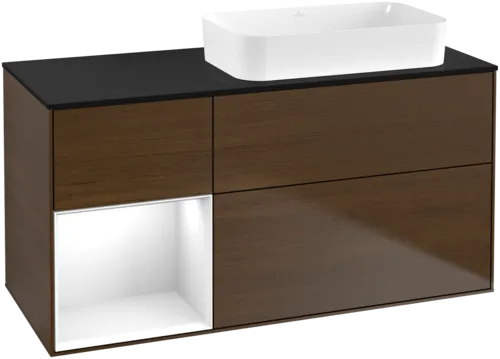 VILLEROY BOCH Toaletní skříňka Finion, s osvětlením, 3 výsuvy, 1200 x 603 x 501 mm, ořechová dýha / lesklý bílý lak / sklo černé matné #F682GFGN