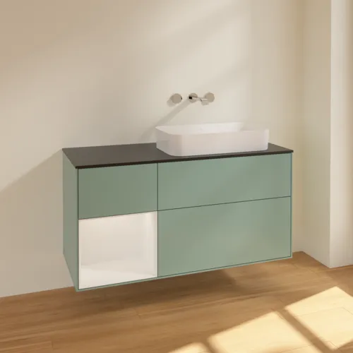 VILLEROY BOCH Toaletní skříňka Finion, s osvětlením, 3 výsuvy, 1200 x 603 x 501 mm, olivový matný lak / lesklý bílý lak / sklo černé matné #F682GFGM, obrázek 2