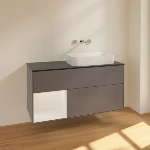 VILLEROY BOCH Toaletní skříňka Finion, s osvětlením, 3 výsuvy, 1200 x 603 x 501 mm, antracitový matný lak / lesklý bílý lak / černé matné sklo #F682GFGK, obrázek 2