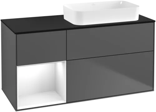 VILLEROY BOCH Toaletní skříňka Finion, s osvětlením, 3 výsuvy, 1200 x 603 x 501 mm, antracitový matný lak / lesklý bílý lak / černé matné sklo #F682GFGK