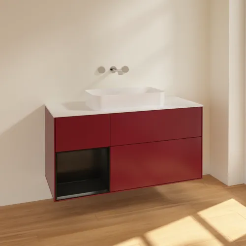 VILLEROY BOCH Toaletní skříňka Finion, s osvětlením, 3 výsuvy, 1200 x 603 x 501 mm, Pivoňka matný lak / Černý matný lak / Sklo bílé matné #F701PDHB, obrázek 2
