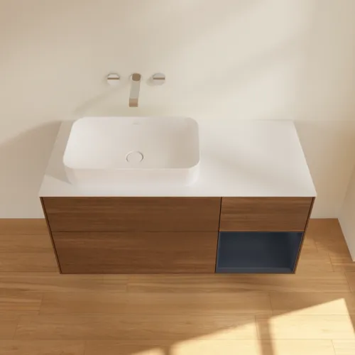 VILLEROY BOCH Toaletní skříňka Finion, s osvětlením, 3 výsuvy, 1200 x 603 x 501 mm, ořechová dýha / půlnočně modrý matný lak / sklo bílé matné #F691HGGN, obrázek 3