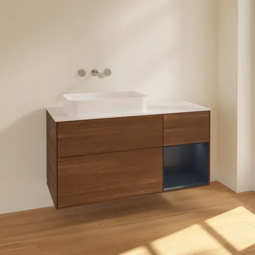 VILLEROY BOCH Toaletní skříňka Finion, s osvětlením, 3 výsuvy, 1200 x 603 x 501 mm, ořechová dýha / půlnočně modrý matný lak / sklo bílé matné #F691HGGN, obrázek 2