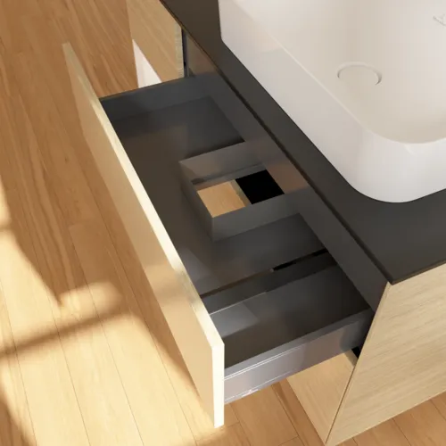 VILLEROY BOCH Toaletní skříňka Finion, s osvětlením, 3 výsuvy, 1200 x 603 x 501 mm, dubová dýha / bílý matný lak / černé matné sklo #F682MTPC, obrázek 4