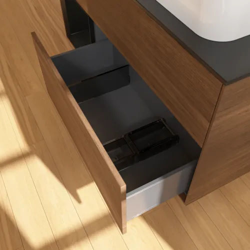 VILLEROY BOCH Toaletní skříňka Finion, s osvětlením, 3 výsuvy, 1200 x 603 x 501 mm, ořechová dýha / černý matný lak / černé matné sklo #F682PDGN, obrázek 6