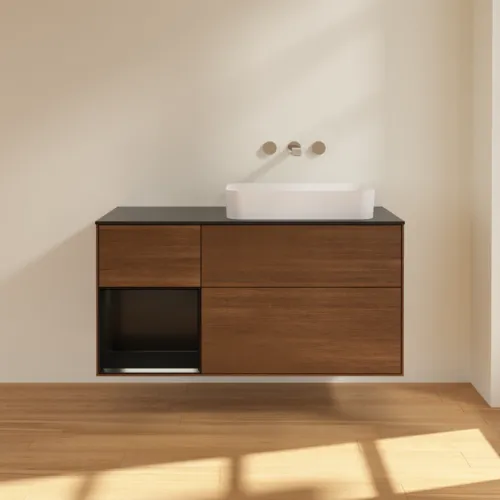 VILLEROY BOCH Toaletní skříňka Finion, s osvětlením, 3 výsuvy, 1200 x 603 x 501 mm, ořechová dýha / černý matný lak / černé matné sklo #F682PDGN, obrázek 2