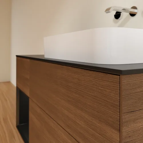 VILLEROY BOCH Toaletní skříňka Finion, s osvětlením, 3 výsuvy, 1200 x 603 x 501 mm, ořechová dýha / černý matný lak / černé matné sklo #F682PDGN, obrázek 5