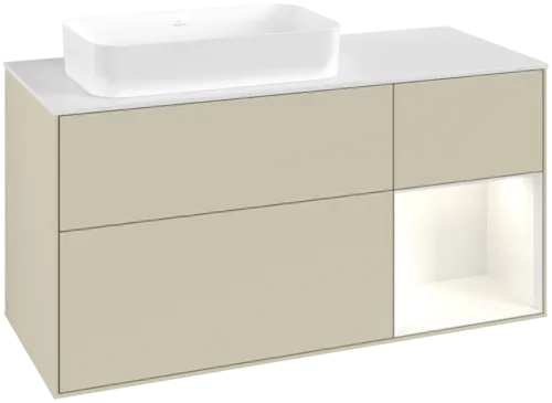 VILLEROY BOCH Toaletní skříňka Finion, s osvětlením, 3 výsuvy, 1200 x 603 x 501 mm, hedvábně šedý matný lak / lesklý bílý lak / bílé matné sklo #F691GFHJ