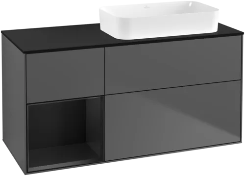 VILLEROY BOCH Toaletní skříňka Finion, s osvětlením, 3 výsuvy, 1200 x 603 x 501 mm, antracitový matný lak / černý matný lak / černé matné sklo #F682PDGK