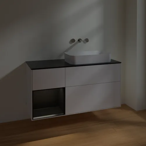 VILLEROY BOCH Toaletní skříňka Finion, s osvětlením, 3 výsuvy, 1200 x 603 x 501 mm, lesklý bílý lak / černý matný lak / černé matné sklo #F682PDGF, obrázek 3