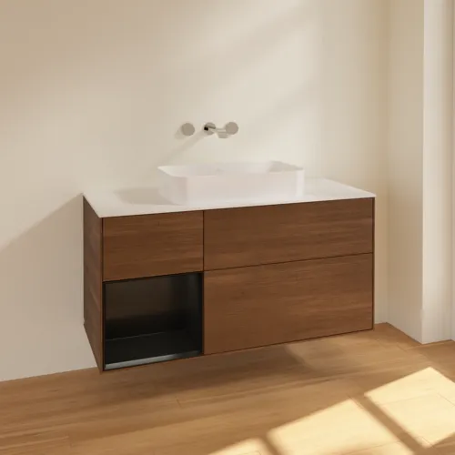 VILLEROY BOCH Toaletní skříňka Finion, s osvětlením, 3 výsuvy, 1200 x 603 x 501 mm, ořechová dýha / černý matný lak / sklo bílé matné #F701PDGN, obrázek 2