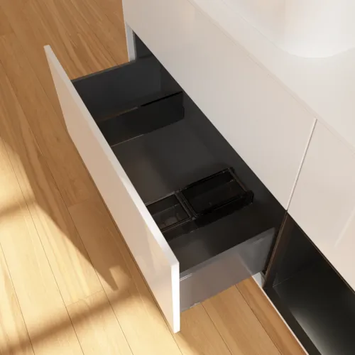 VILLEROY BOCH Toaletní skříňka Finion, s osvětlením, 3 výsuvy, 1200 x 603 x 501 mm, lesklý bílý lak / černý matný lak / sklo bílé matné #F691PDGF, obrázek 5
