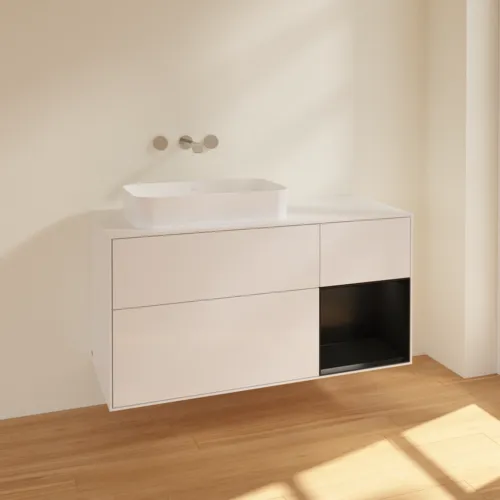 VILLEROY BOCH Toaletní skříňka Finion, s osvětlením, 3 výsuvy, 1200 x 603 x 501 mm, lesklý bílý lak / černý matný lak / sklo bílé matné #F691PDGF, obrázek 2