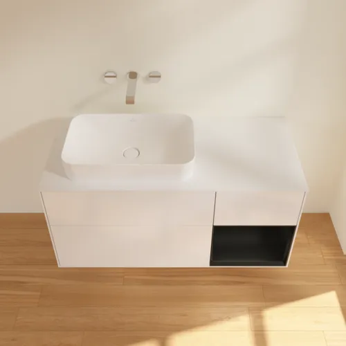 VILLEROY BOCH Toaletní skříňka Finion, s osvětlením, 3 výsuvy, 1200 x 603 x 501 mm, lesklý bílý lak / černý matný lak / sklo bílé matné #F691PDGF, obrázek 3