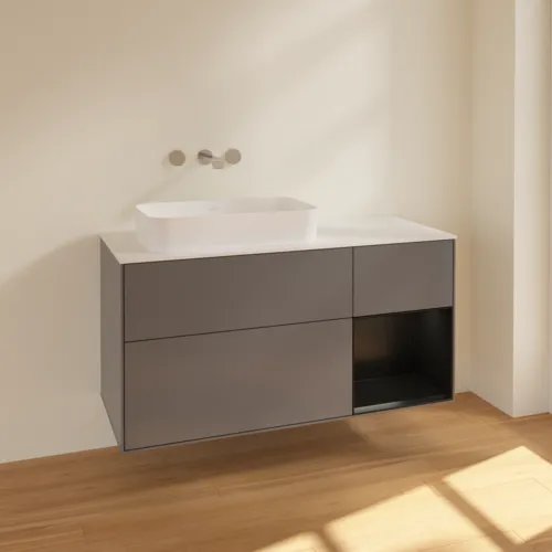 VILLEROY BOCH Toaletní skříňka Finion, s osvětlením, 3 výsuvy, 1200 x 603 x 501 mm, antracitový matný lak / černý matný lak / bílé matné sklo #F691PDGK, obrázek 2