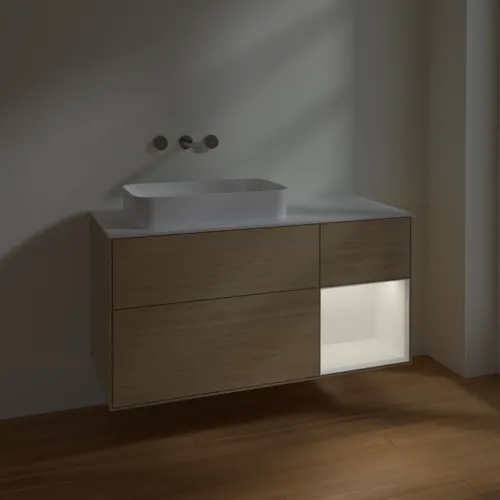 VILLEROY BOCH Toaletní skříňka Finion, s osvětlením, 3 výsuvy, 1200 x 603 x 501 mm, dubová dýha / bílý matný lak / bílé matné sklo #F691MTPC, obrázek 3