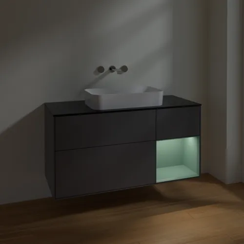 VILLEROY BOCH Toaletní skříňka Finion, s osvětlením, 3 výsuvy, 1200 x 603 x 501 mm, antracitový matný lak / olivový matný lak / černé matné sklo #F712GMGK, obrázek 4