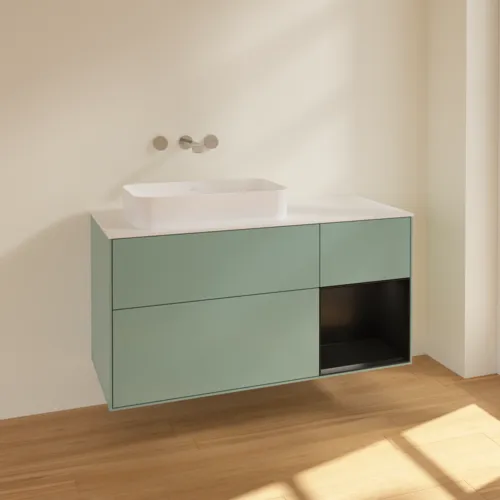 VILLEROY BOCH Toaletní skříňka Finion, s osvětlením, 3 výsuvy, 1200 x 603 x 501 mm, olivový matný lak / černý matný lak / bílé matné sklo #F691PDGM, obrázek 2