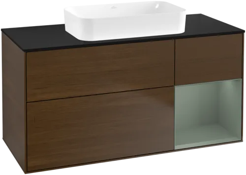 VILLEROY BOCH Toaletní skříňka Finion, s osvětlením, 3 výsuvy, 1200 x 603 x 501 mm, ořechová dýha / olivově matný lak / sklo černé matné #F712GMGN