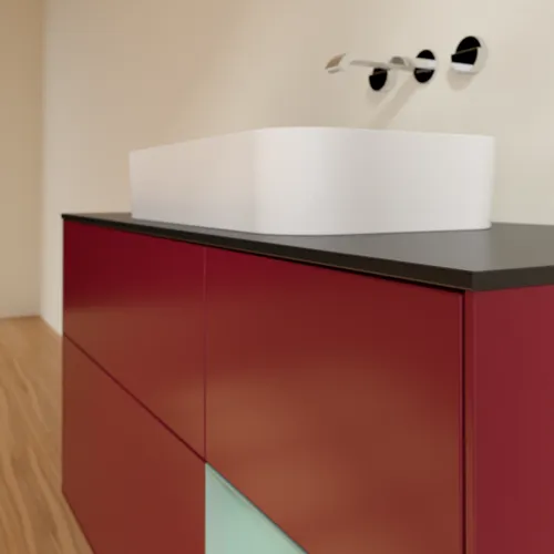 VILLEROY BOCH Toaletní skříňka Finion, s osvětlením, 3 výsuvy, 1200 x 603 x 501 mm, Pivoňka matný lak / Olivový matný lak / Sklo černé matné #F712GMHB, obrázek 3