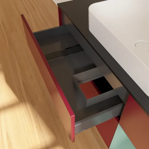 VILLEROY BOCH Toaletní skříňka Finion, s osvětlením, 3 výsuvy, 1200 x 603 x 501 mm, Pivoňka matný lak / Olivový matný lak / Sklo černé matné #F712GMHB, obrázek 4